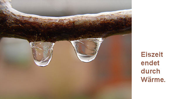 Schmelzende Eistropfen mit Text:  Eiszeit endet durch Wärme.
